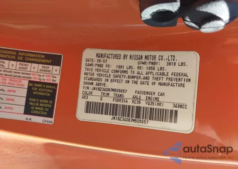 2007 Nissan 350Z z USA, uszkodzony, nr VIN JN1BZ34D87M505657